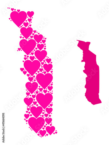 Love pattern and solid map of Togo. Collage map of Togo created with pink hearts. Vector flat illustration for marriage concept illustrations.