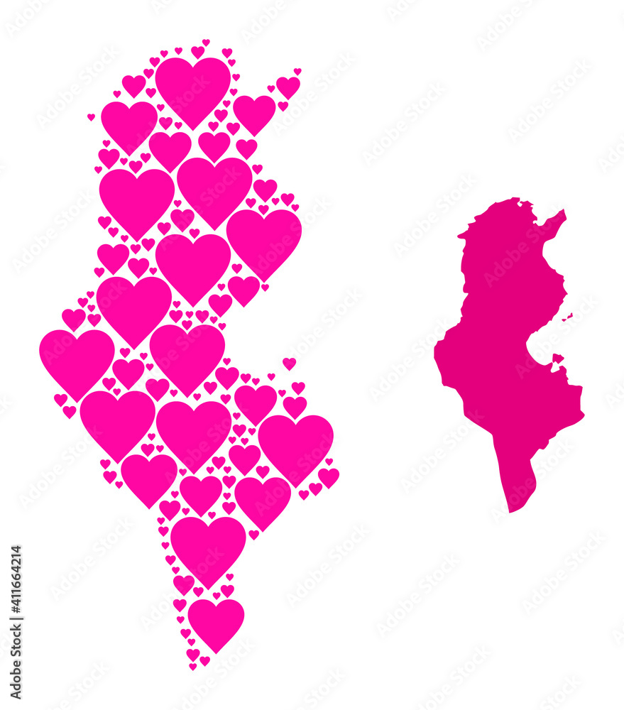 Love collage and solid map of Tunisia. Collage map of Tunisia composed with pink lovely hearts. Vector flat illustration for dating conceptual illustrations. Love collage and solid map of Tunisia. Collage map of Tunisia composed with pink lovely hearts. Vector flat illustration for dating conceptual illustrations.