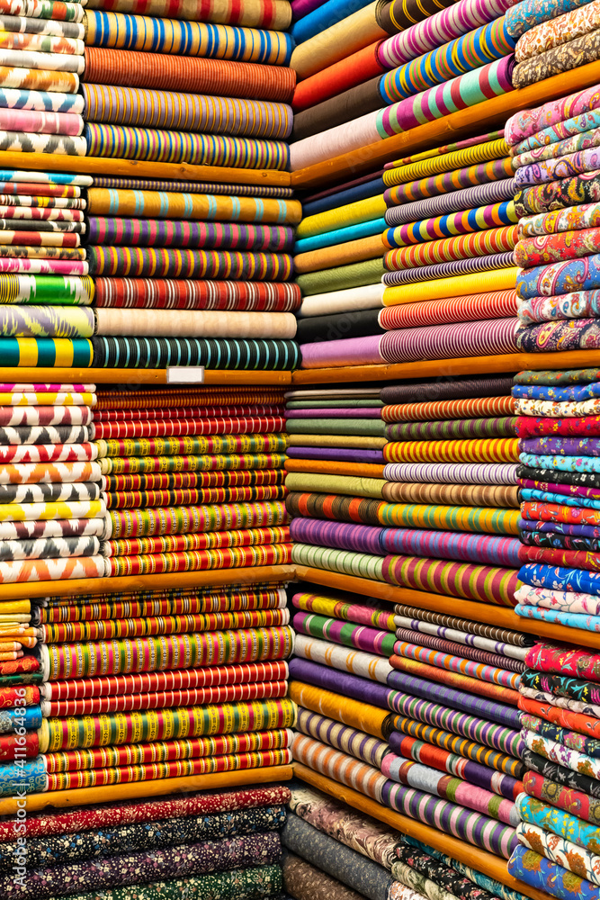 Shopping in the Grand Bazar. Traditional Turkish fabrics in souvenir shop. Handmade fabrics in Grand Bazaar. Shopping in the Grand Bazar. Traditional Turkish fabrics in souvenir shop. Handmade fabrics in Grand Bazaar.