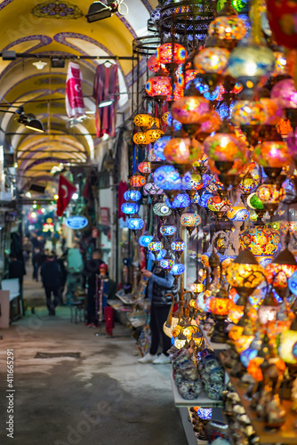 Shopping in the Grand Bazar. Traditional Turkish lamps in souvenir shop. Handmade mosaic of colored glass in Grand Bazaar. © Ersin
