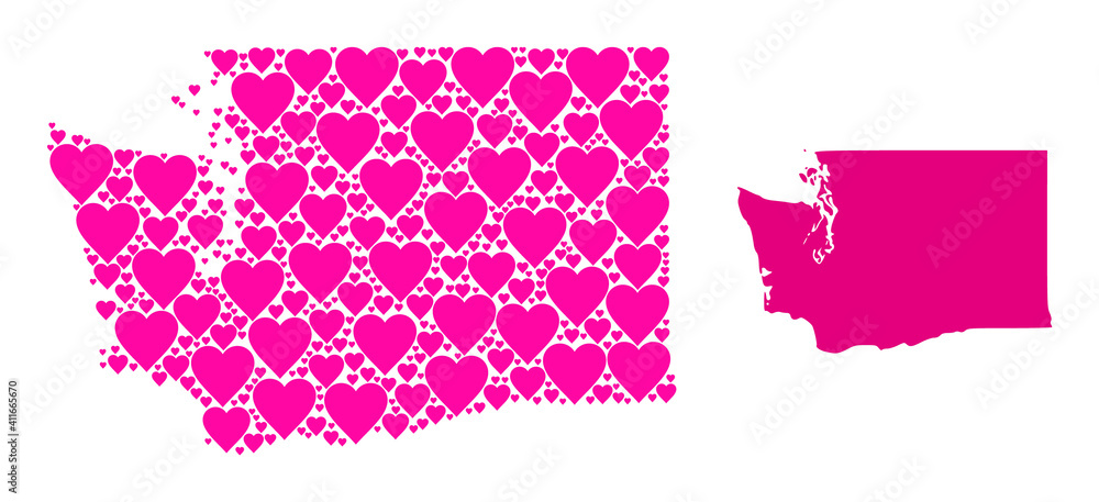 Love mosaic and solid map of Washington State. Collage map of Washington State composed with pink lovely hearts. Vector flat illustration for love abstract illustrations. Love mosaic and solid map of Washington State. Collage map of Washington State composed with pink lovely hearts. Vector flat illustration for love abstract illustrations.