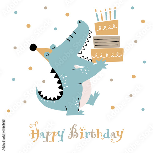 Hand drawn cute crocodile and birthday cake, and whimsical Happy Birthday text on white background.