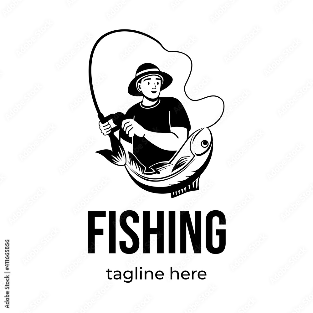 Fishing logo design. Fisherman catching fish with fishing rod vector emblem. Fishing sport, summer vacation hobby. Happy male character catch big fresh fish with logotype template.