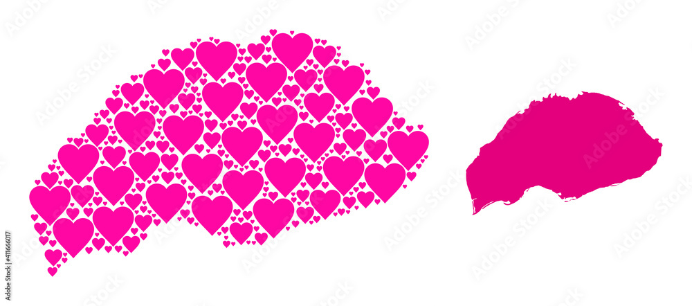 Love pattern and solid map of Wrangel Island. Mosaic map of Wrangel Island composed with pink lovely hearts. Vector flat illustration for love conceptual illustrations.