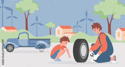 Happy smiling father and son changing and repairing car wheels together vector flat illustration. Family time together. Man fixing automobile problems, the boy learning repair vehicle damages.