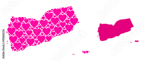 Love pattern and solid map of Yemen. Mosaic map of Yemen designed from pink lovely hearts. Vector flat illustration for love concept illustrations.