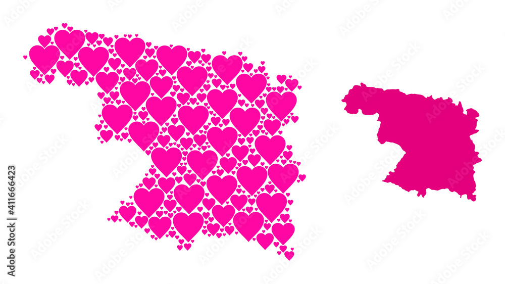 Obraz premium Love collage and solid map of Zamora Province. Collage map of Zamora Province is formed from pink lovely hearts. Vector flat illustration for love conceptual illustrations.