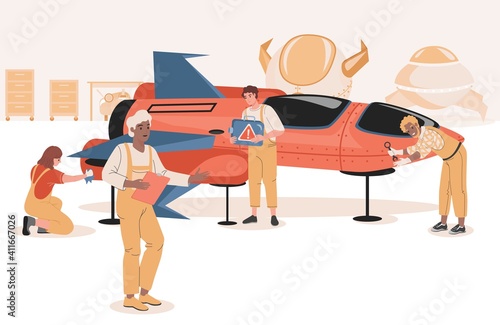 Spaceship repairing vector flat illustration. People, men, and women in jumpsuits building or fixing spacecraft. Preparing for space expedition, mars colonization, and cosmos exploration concept.