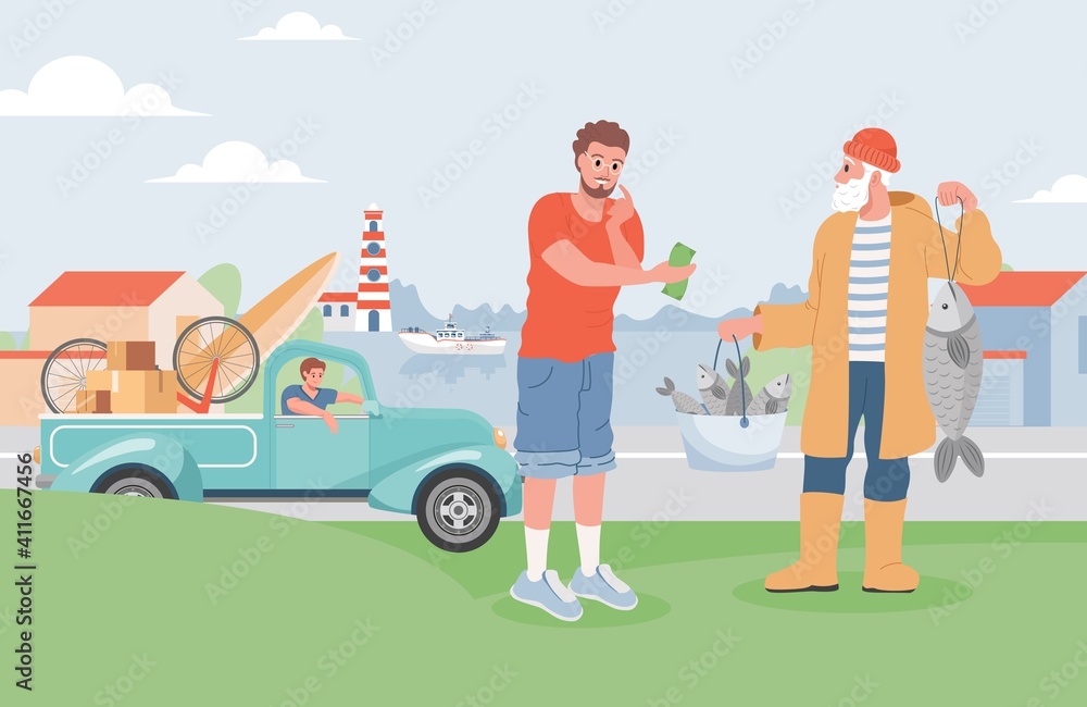 Summer vacation vector flat illustration. Man buying fresh fish from fisherman, his friend waiting in car loaded with items for summer holidays. Summer sea or lake landscape, trip to the sea concept. Summer vacation vector flat illustration. Man buying fresh fish from fisherman, his friend waiting in car loaded with items for summer holidays. Summer sea or lake landscape, trip to the sea concept.
