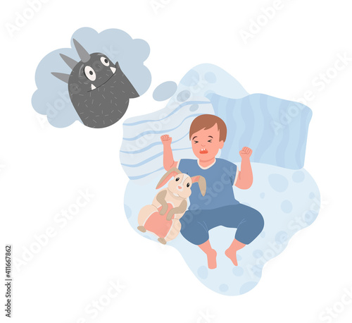 Little boy in cute blue clothes sleeping at night and has a nightmare with creepy black monster vector flat illustration. Male character sleeping in bedroom and having bad dream, terrifying nightmare.