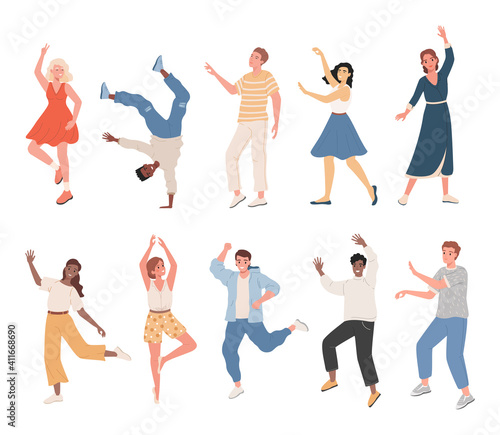 Set of smiling people in casual clothes dancing, feeling positive emotions vector flat illustration. Men and women characters isolated on white background. People celebrating birthday or holiday.