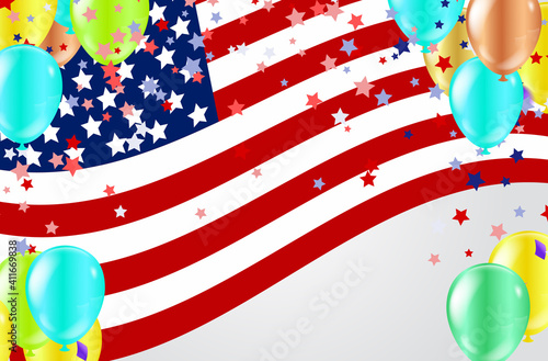 USA flag with party banner with Balloons background for 4 july independence day