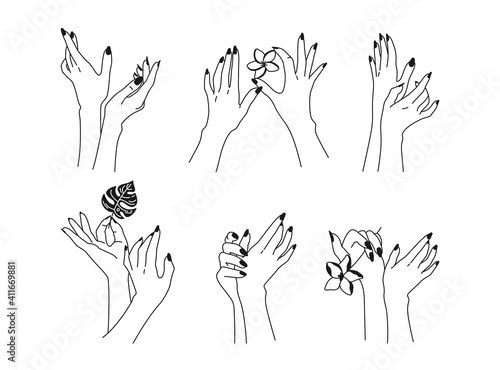 Female manicured nails hand black line set. Demonstration of manicure, contour arms with flowers. Manicure demonstration gesture. Different nations Spa beauty trendy graphic vector illustration