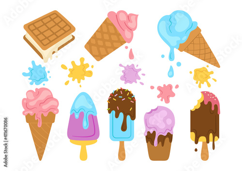 Ice cream kawaii cartoon set. Chocolate, waffle ice cream cone fruit berry. Bright cute summer collection sweet food and splash, falling drops. Isolated cute dessert vector illustration