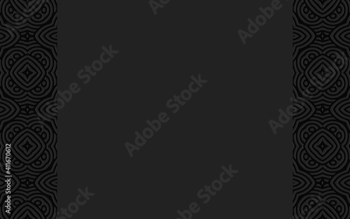 Complex geometric volumetric convex 3D pattern. Ethnic embossed black background in doodling style with vertical inserts for presentations, websites.