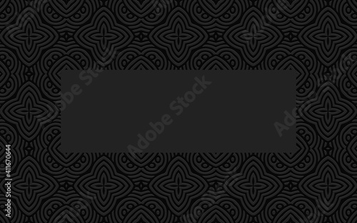 Geometric volumetric convex 3D frame for text. Ethnic embossed black background in doodling style.