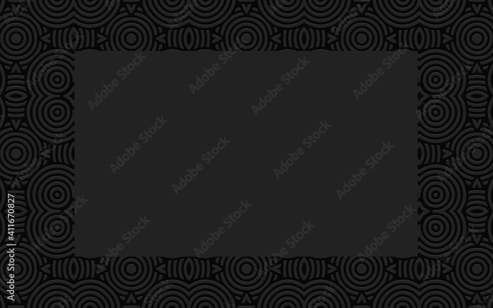 Stylish geometric volumetric convex 3D pattern for presentations. Ethnic African black background with frame for text, advertising, website.