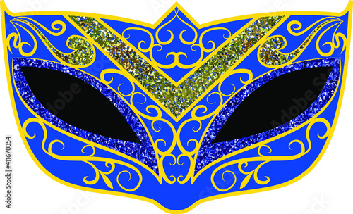 Traditional Venetian carnival blue mask with gold ornate decoration. Vector illustration