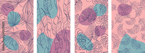 Set of posters with tropical leaves in pastel ink and blue colors. Vector illustration. The design concept for wall decoration, as postcard or brochure design, web banner, or social media background