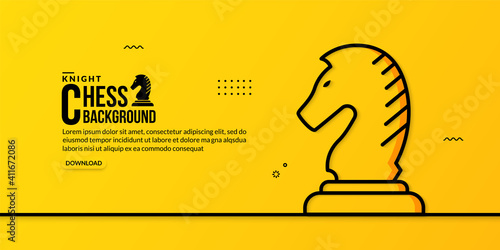 Chess knight linear illustration on yellow background, concept of business strategy and management