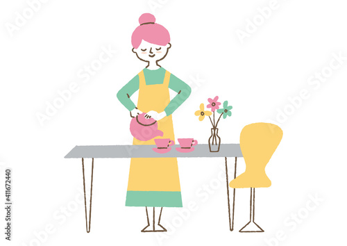 お茶を入れる女性