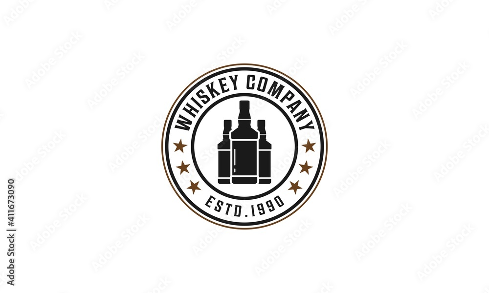 whiskey logo with three whiskey bottles on white background whiskey logo with three whiskey bottles on white background
