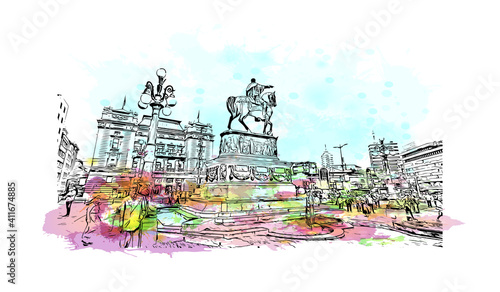Building view with landmark of Belgrade is the
capital of Serbia. Watercolor splash with hand drawn sketch illustration in vector.