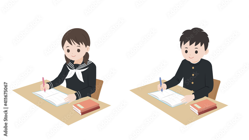 勉強をする 学生 男女 生徒 横向き イラスト素材 勉強をする 学生 男女 生徒 横向き イラスト素材