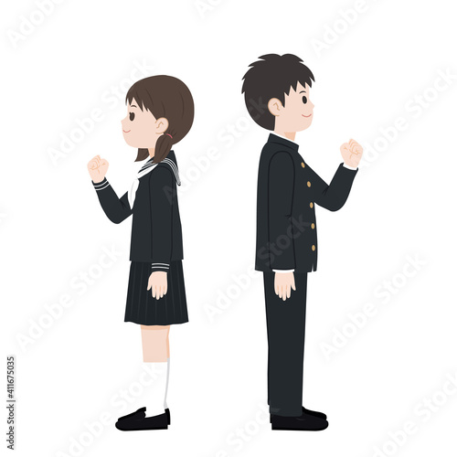 学生　中高生　男女　やる気　ガッツポーズ　全身　横向き　イラスト素材