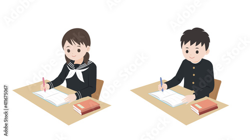 勉強をする　学生　男女　生徒　横向き　イラスト素材