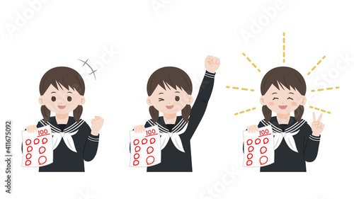 テスト　100点を取る　学生　女子生徒　喜ぶ　嬉しい　イラスト素材