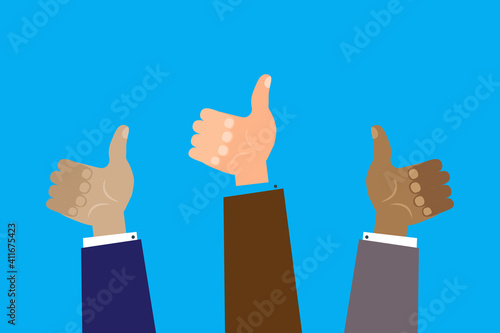 Hands up like on blue background. Abstract icon. Vector sign. Stock image. EPS 10.