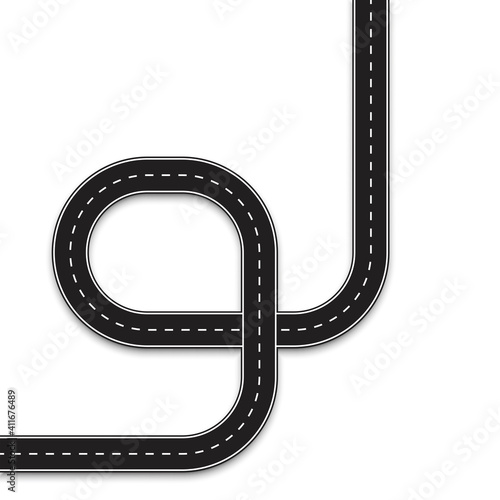 Loop road to the left. Track without pins. Empty black road.Global map. Vector data. Stock image. EPS 10.