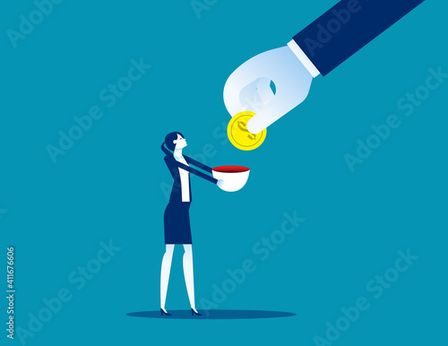 Holds and empty bowl to beg for help and hand gives him money