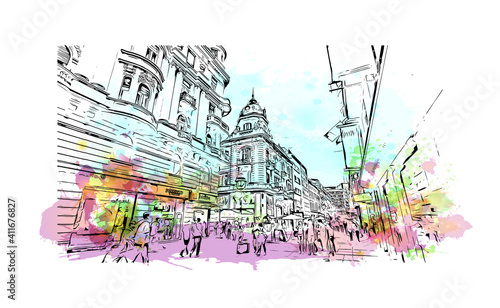 Building view with landmark of Belgrade is the
capital of Serbia. Watercolor splash with hand drawn sketch illustration in vector.