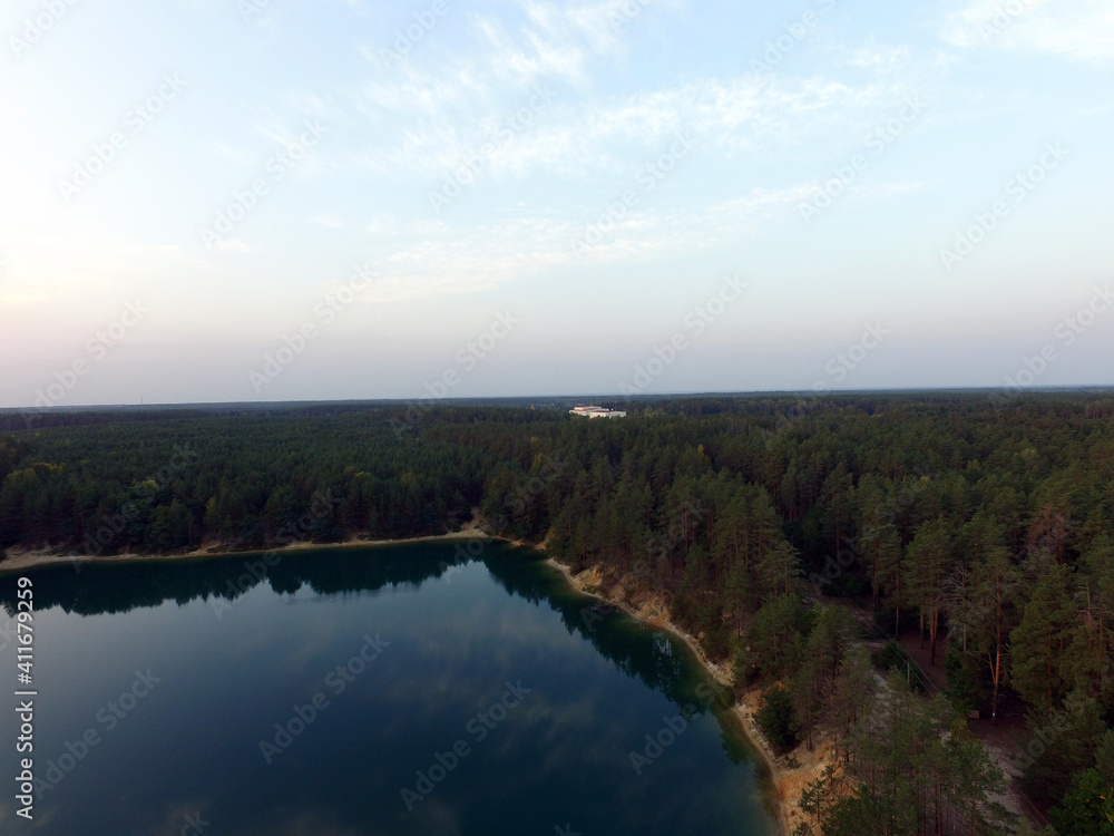 Blue Lake in the Chernigow region, Ukraine.Former quarry of quartz sand for glass production.Popular local resort at present. Drone aerial view