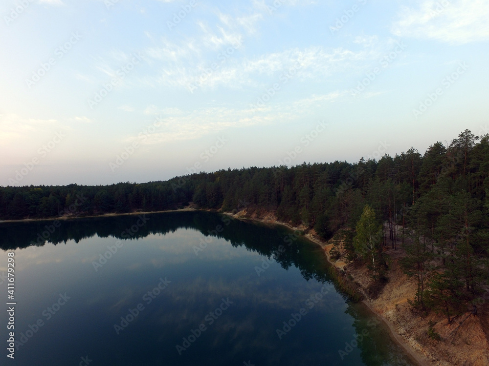 Blue Lake in the Chernigow region, Ukraine.Former quarry of quartz sand for glass production.Popular local resort at present. Drone aerial view
