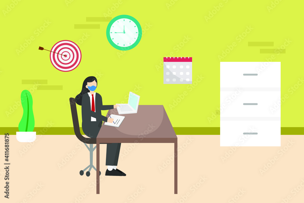 Business target vector concept: Young businesswoman working with laptop in the office while achieving the target
