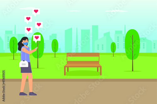 Social media vector concept: Young woman chatting online on her smart phone while wearing face mask