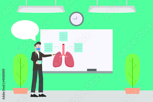 Male biology teacher in face mask explaining human lungs on whiteboard