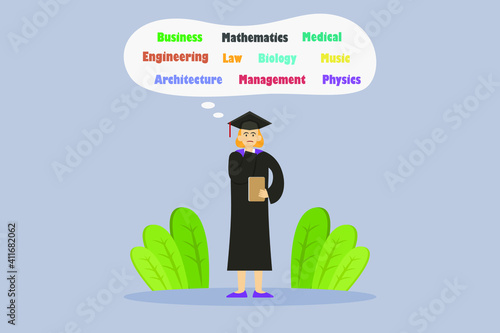 Education vector concept: Female college student thinking about major study while wearing graduation hat