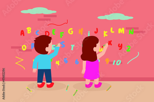 Learning vector concept: Two cute children writing alphabet on the wall while using colorful crayons