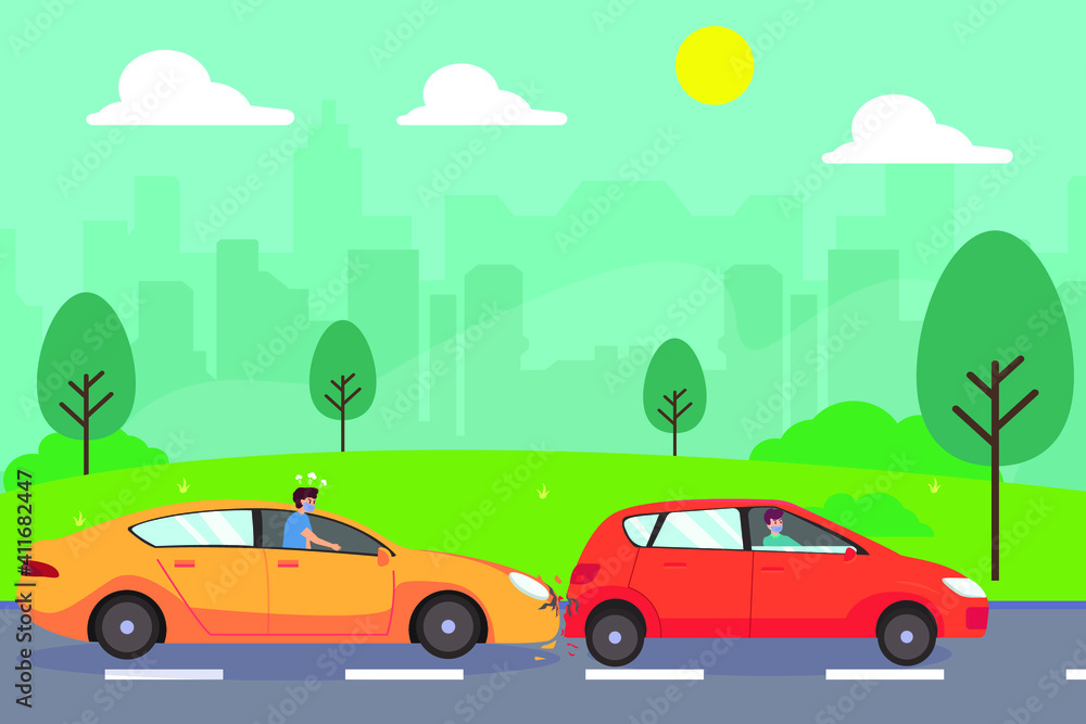 Accident vector concept: Young man feeling angry with damage to his car while wearing face mask in new normal Accident vector concept: Young man feeling angry with damage to his car while wearing face mask in new normal