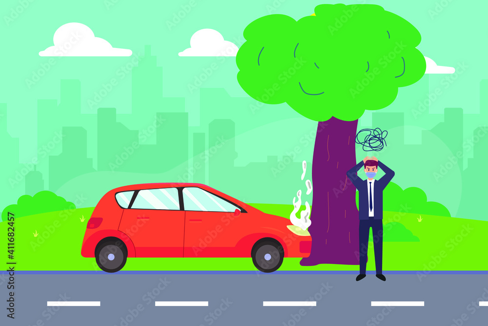 Accident vector concept: Young man feeling confused with his damage car crushing on the tree