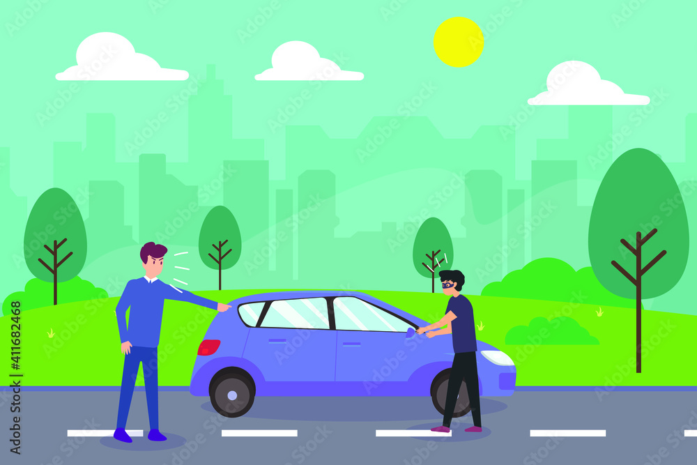 Robbery vector concept: Young man looking at the thief stealing his car while standing near the car Robbery vector concept: Young man looking at the thief stealing his car while standing near the car