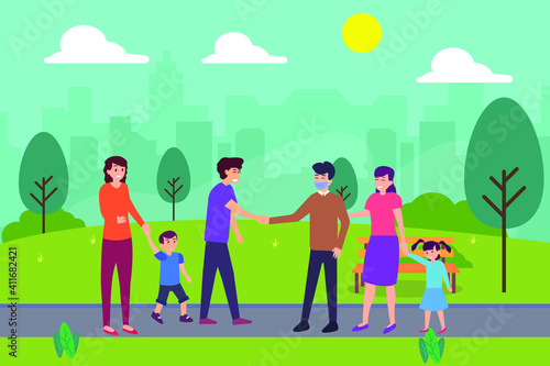 Handshaking vector concept: Young family handshaking each other while enjoying leisure time in the park