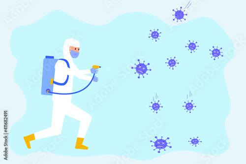 Corona virus vector concept: Young man spraying disinfectant to corona virus while wearing protective suit 
