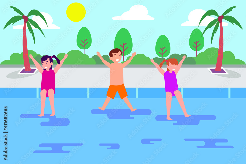 Leisure time vector concept: Group of children jumping into the pool together while enjoying leisure time