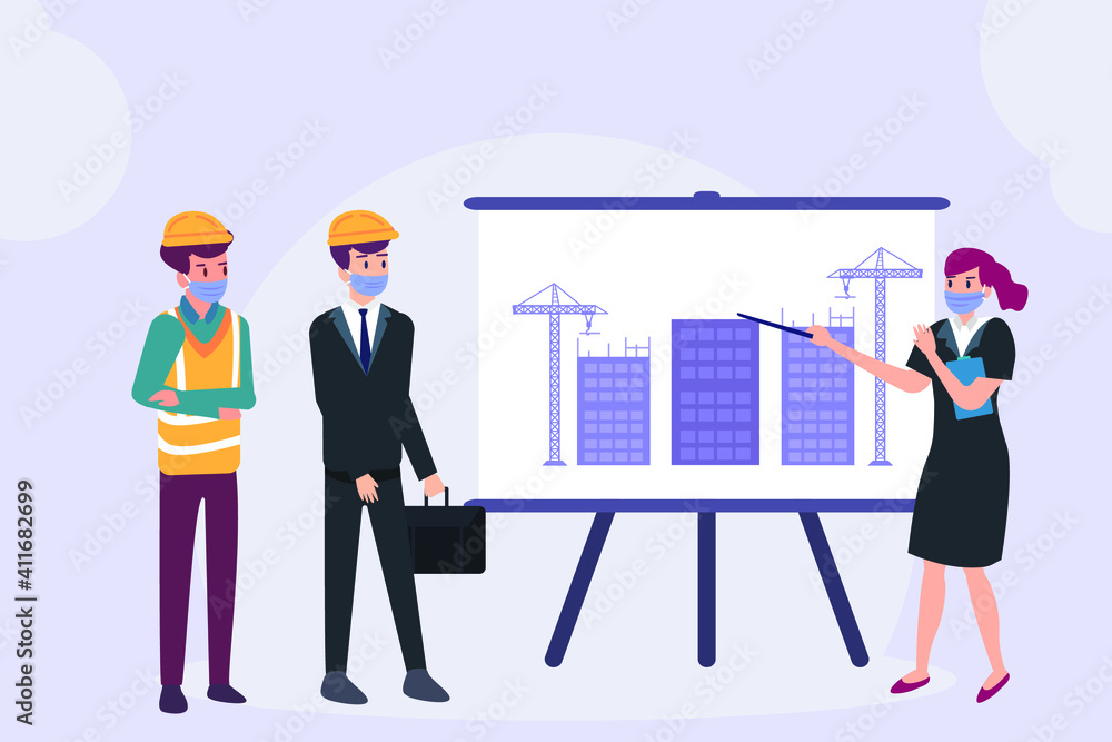 Male investor in face mask meeting with a female architect and contractor while looking at blueprint Male investor in face mask meeting with a female architect and contractor while looking at blueprint