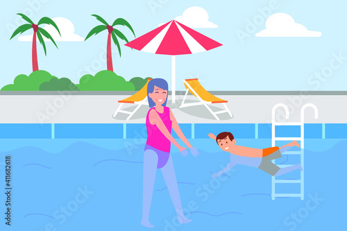 Quality time vector concept: Grandmother teaching swim to her grandson in the pool while enjoying holiday